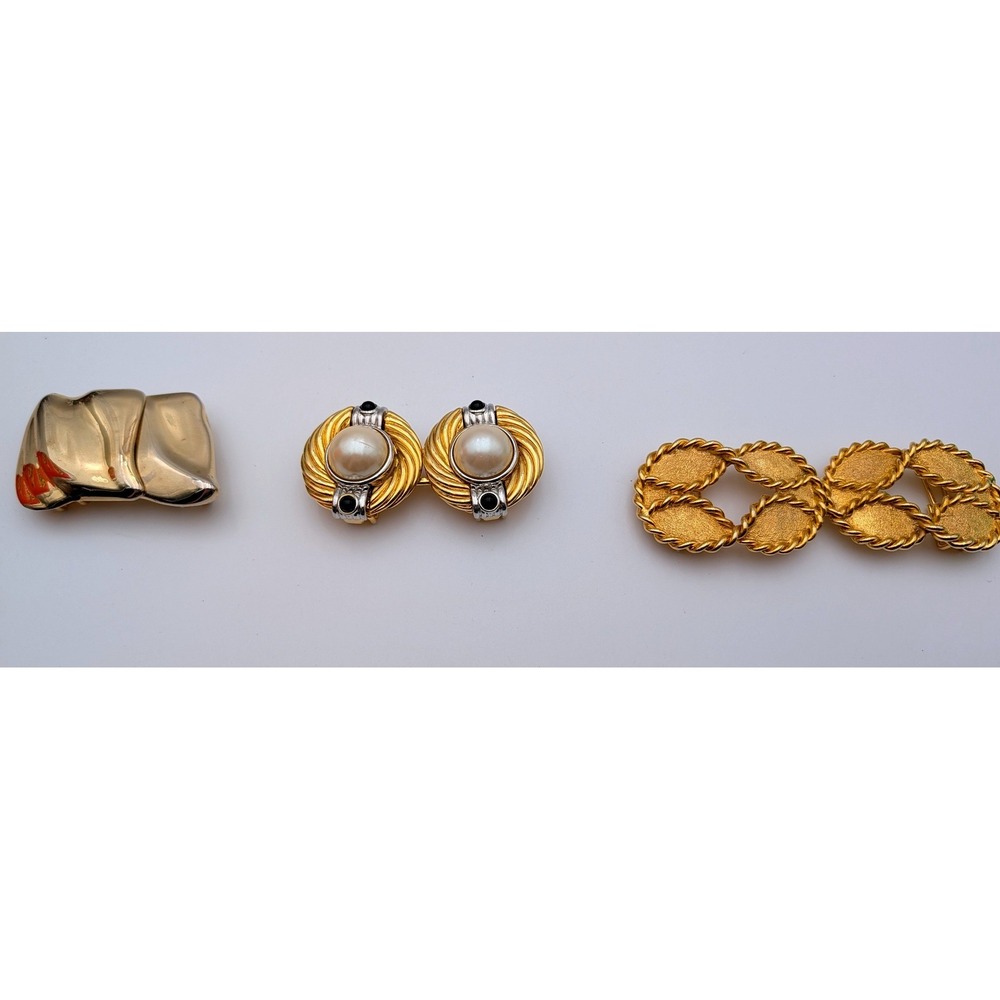 Vintage Paquette Gold Tone Belt Buckle Set Faux Pearl Textured 3 Piece Lot